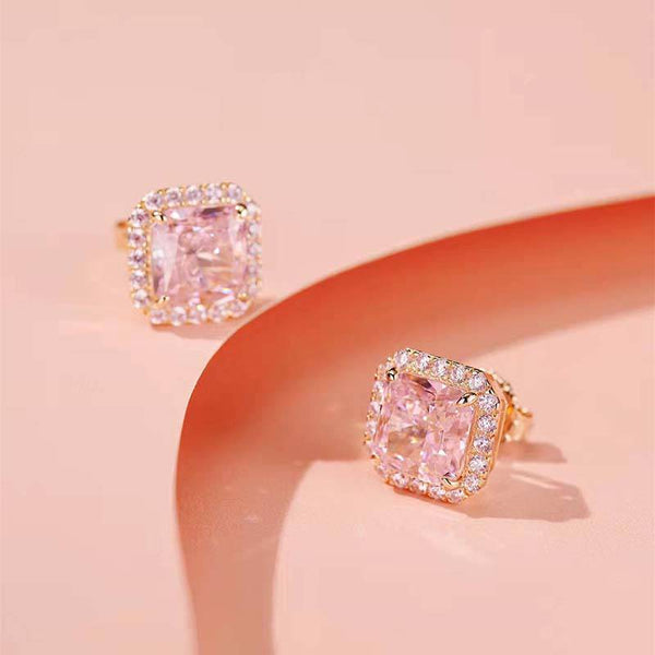 Louily Elegant Rose Gold Halo Radiant Cut Pink Sapphire Stud Earrings In Sterling Silver