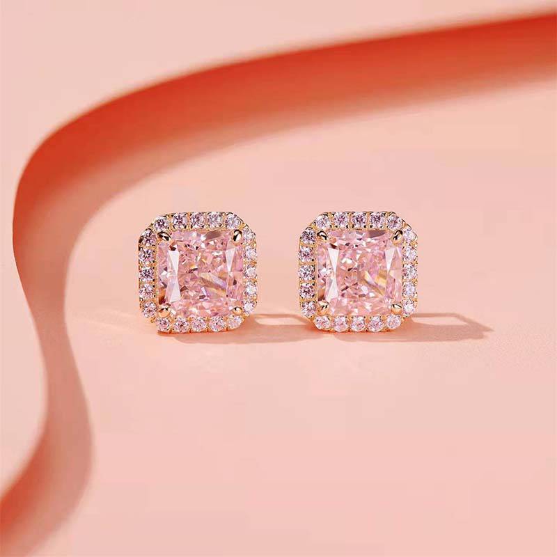 Louily Elegant Rose Gold Halo Radiant Cut Pink Sapphire Stud Earrings In Sterling Silver - louilyjewelry