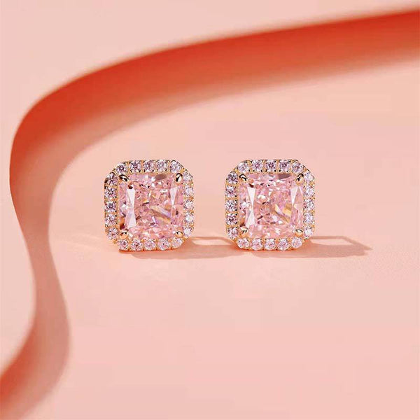 Louily Elegant Rose Gold Halo Radiant Cut Pink Sapphire Stud Earrings In Sterling Silver