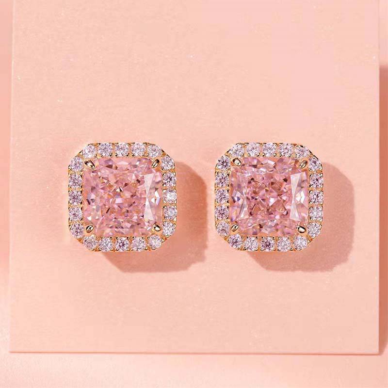 Louily Elegant Rose Gold Halo Radiant Cut Pink Sapphire Stud Earrings In Sterling Silver - louilyjewelry