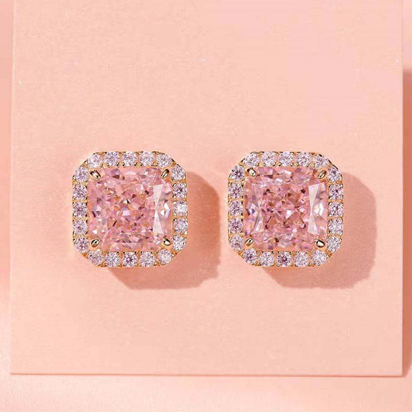 Louily Elegant Rose Gold Halo Radiant Cut Pink Sapphire Stud Earrings In Sterling Silver