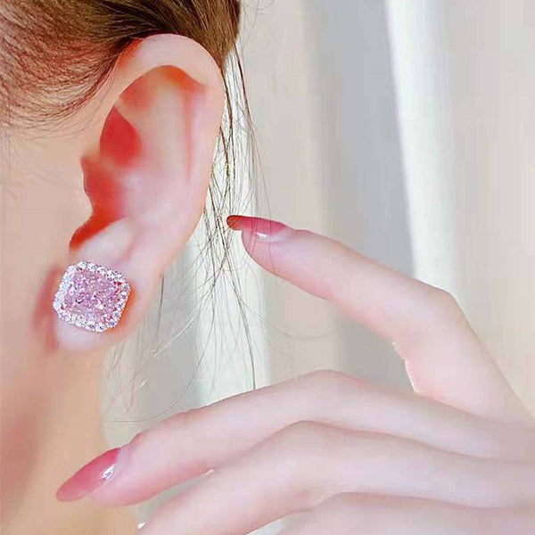 Louily Elegant Rose Gold Halo Radiant Cut Pink Sapphire Stud Earrings In Sterling Silver