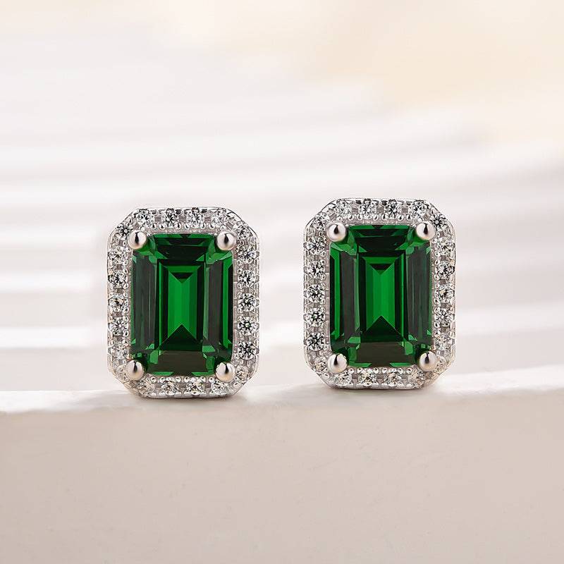Emerald Green Halo Emerald Cut Sparkle Women's Stud Earrings - louilyjewelry
