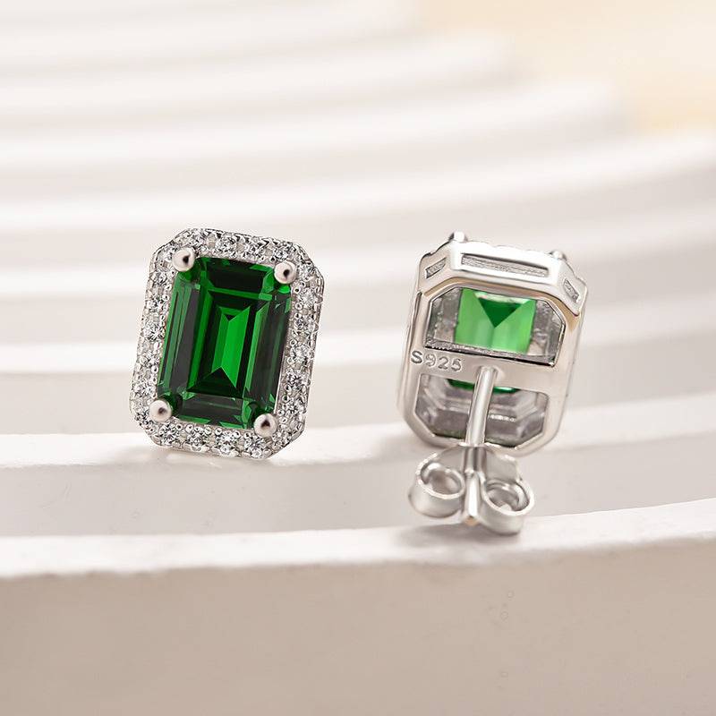 Emerald Green Halo Emerald Cut Sparkle Women's Stud Earrings - louilyjewelry