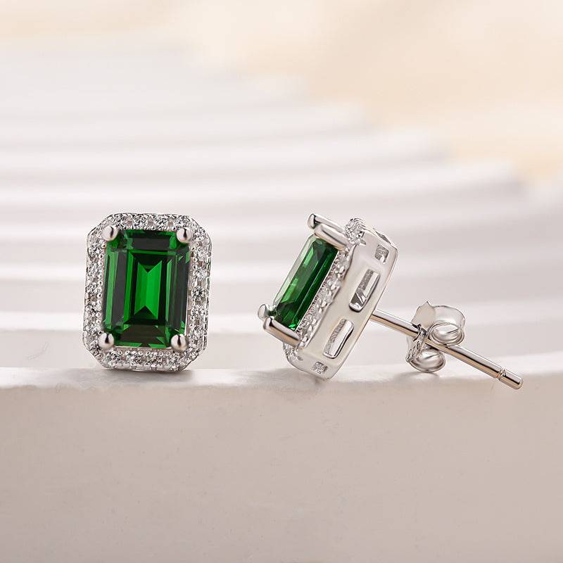 Emerald Green Halo Emerald Cut Sparkle Women's Stud Earrings - louilyjewelry