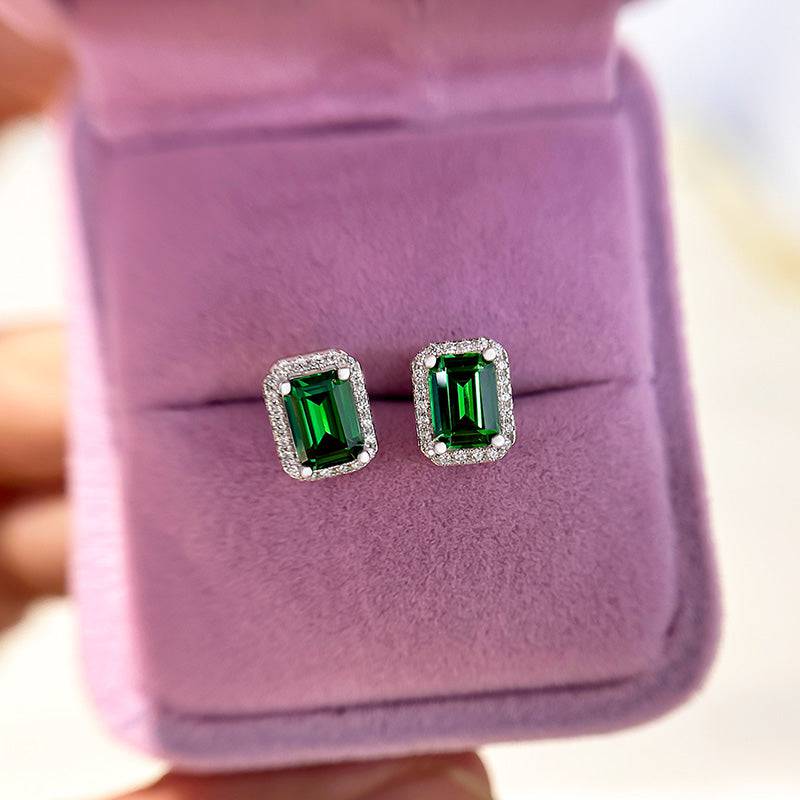 Emerald Green Halo Emerald Cut Sparkle Women's Stud Earrings - louilyjewelry