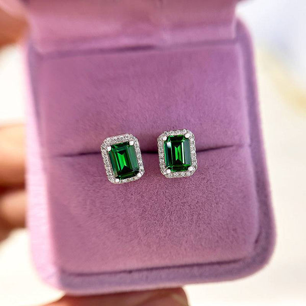 Emerald Green Halo Emerald Cut Sparkle Women's Stud Earrings