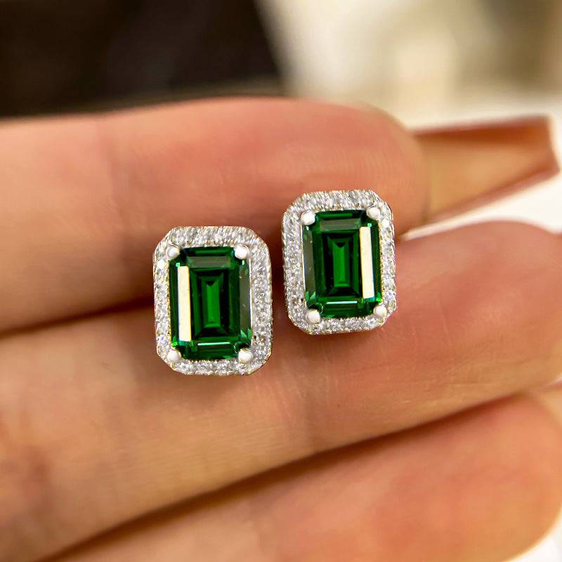 Emerald Green Halo Emerald Cut Sparkle Women's Stud Earrings - louilyjewelry