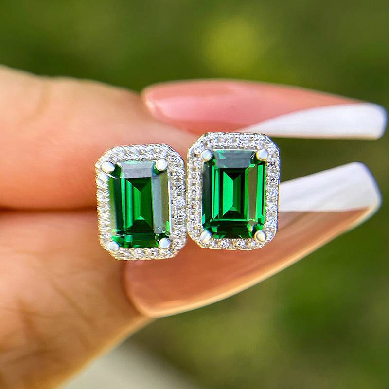 Emerald Green Halo Emerald Cut Sparkle Women's Stud Earrings - louilyjewelry