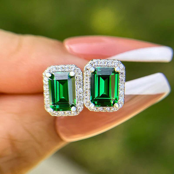 Emerald Green Halo Emerald Cut Sparkle Women's Stud Earrings