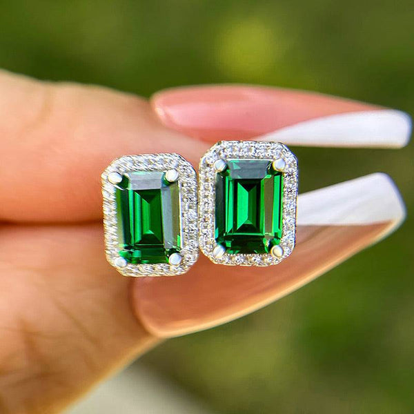 3.0 Carat Halo Emerald Sparkle Women's Stud Earrings In Sterling Silver