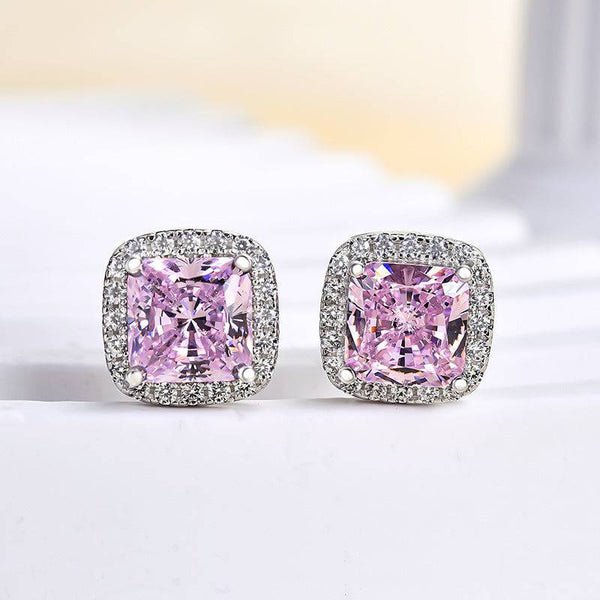 4.0 Carat Halo Princess Cut Pink Sapphire Sterling Silver Women's Stud Earrings