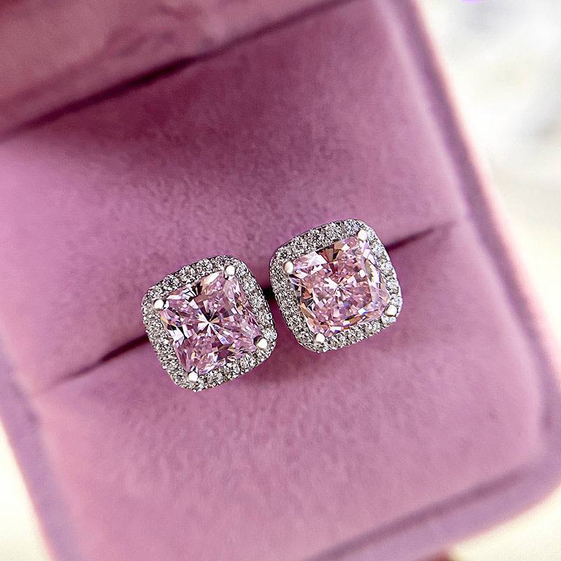 4.0 Carat Halo Square Princess Cut Pink Sapphire Sterling Silver Women's Stud Earrings - louilyjewelry