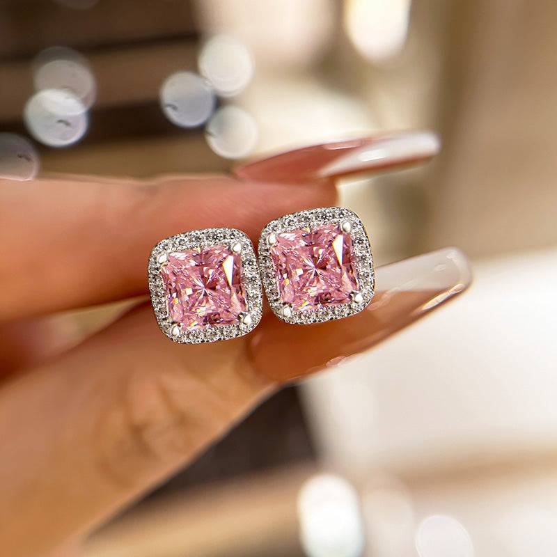 4.0 Carat Halo Square Princess Cut Pink Sapphire Sterling Silver Women's Stud Earrings - louilyjewelry