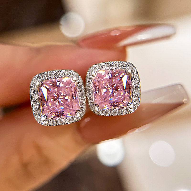 4.0 Carat Halo Square Princess Cut Pink Sapphire Sterling Silver Women's Stud Earrings - louilyjewelry