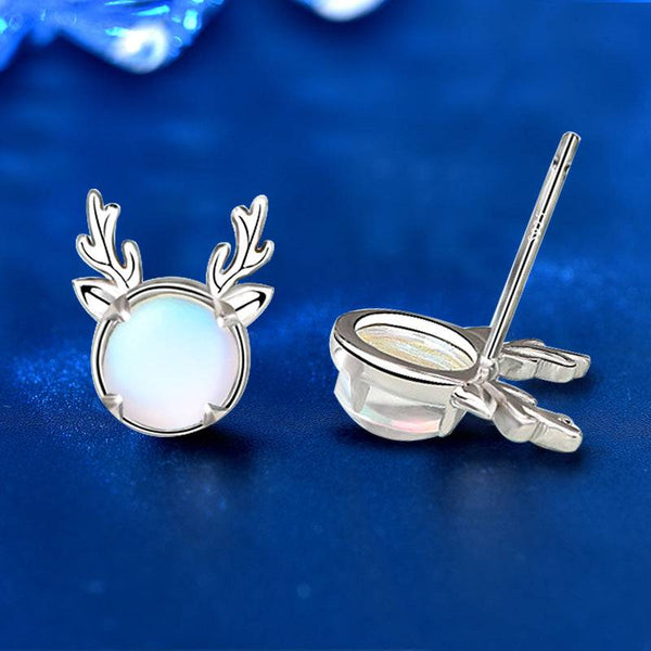 Louily Christmas Gift Reindeer Design Moonstone Stud Earrings In Sterling Silver