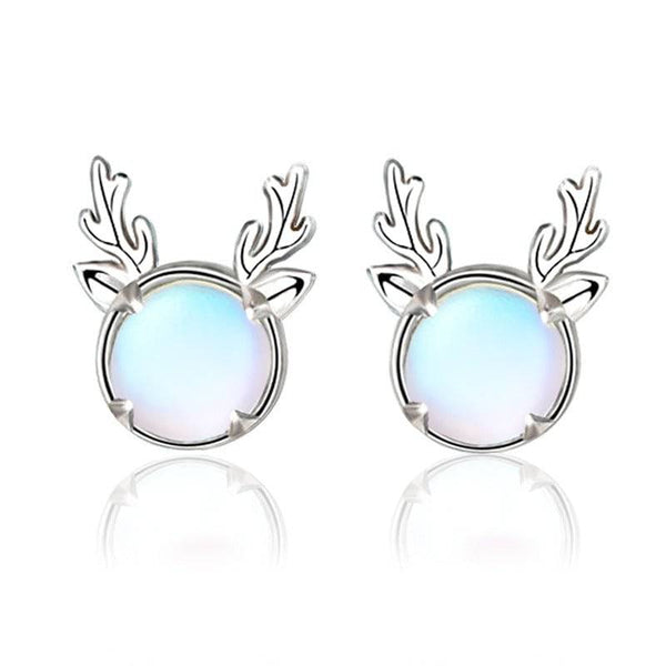 Louily Christmas Gift Reindeer Design Moonstone Stud Earrings In Sterling Silver