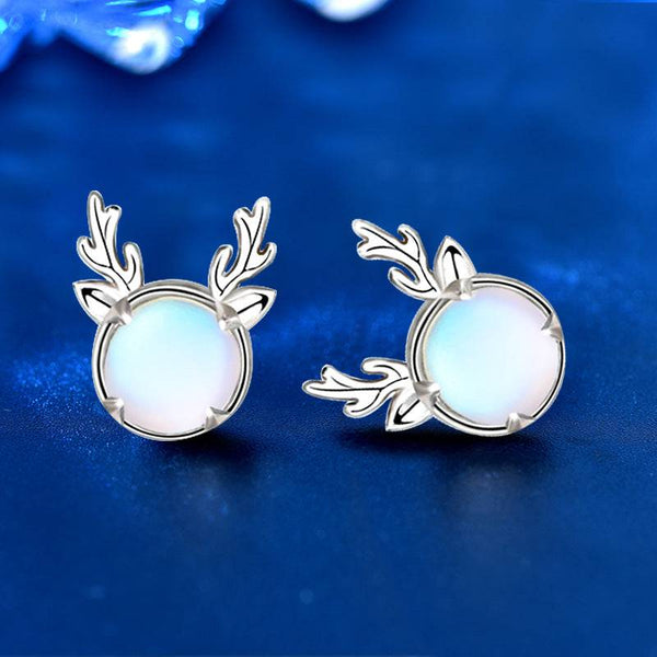 Louily Christmas Gift Reindeer Design Moonstone Stud Earrings In Sterling Silver