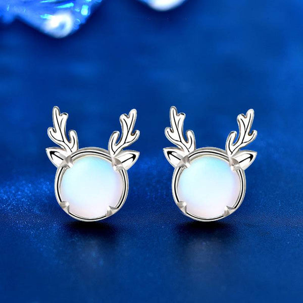 Louily Christmas Gift Reindeer Design Moonstone Stud Earrings In Sterling Silver