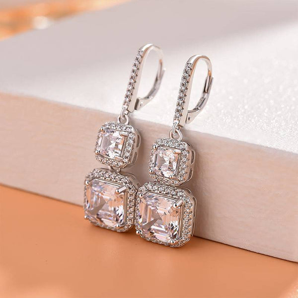 Louily Elegant Halo Asscher Cut Women's Earrings In Sterling Silver