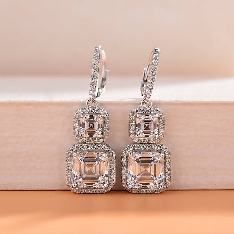 Louily Elegant Halo Asscher Cut Women's Earrings In Sterling Silver - louilyjewelry