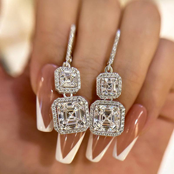 Louily Elegant Halo Asscher Cut Women's Earrings In Sterling Silver