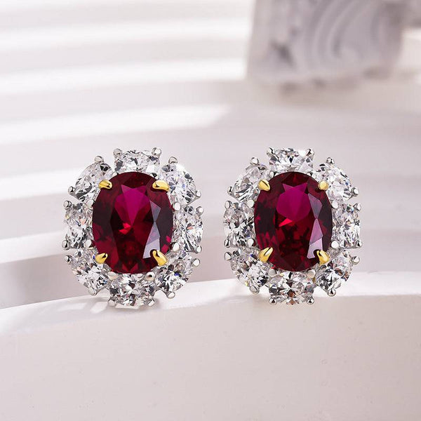 Louily Exclusive Halo 1.8 Carat Ruby Oval Cut Women's Drop Earrings In Sterling Silver