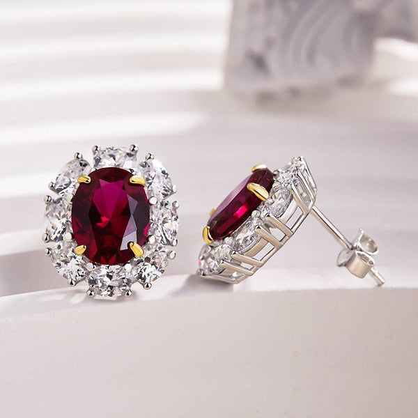 Louily Exclusive Halo 1.8 Carat Ruby Oval Cut Women's Drop Earrings In Sterling Silver