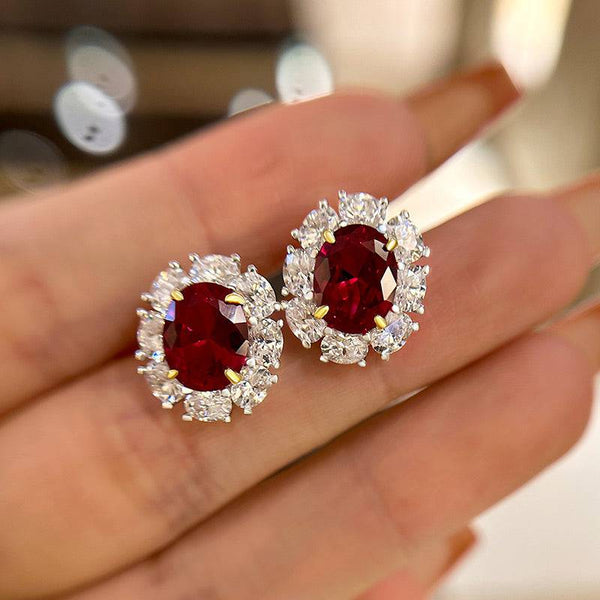 Louily Exclusive Halo 1.8 Carat Ruby Oval Cut Women's Drop Earrings In Sterling Silver