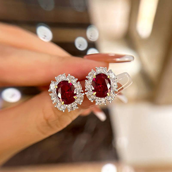 Louily Exclusive Halo 1.8 Carat Ruby Oval Cut Women's Drop Earrings In Sterling Silver