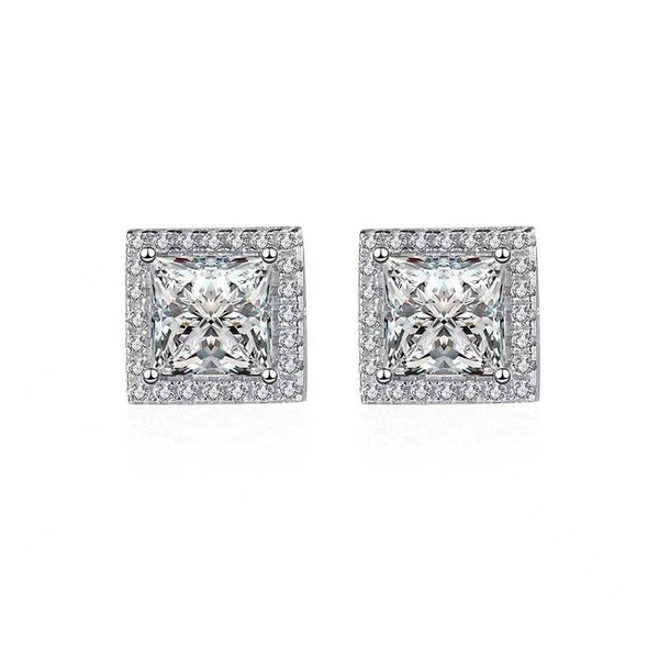 Louily Fashion Halo Princess Cut Stud Earrings In Sterling Silver