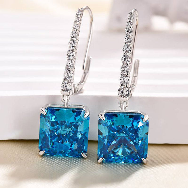 Louily Luxury Radiant Cut Blue Sapphire Women's Earrings In Sterling Silver