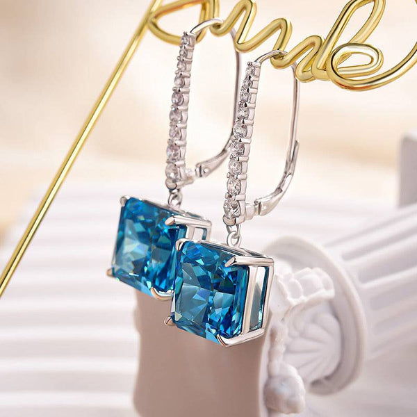 Louily Luxury Radiant Cut Blue Sapphire Women's Earrings In Sterling Silver
