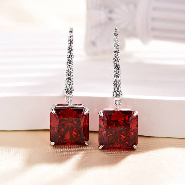 Louily Luxury Radiant Cut Ruby Women's Earrings In Sterling Silver