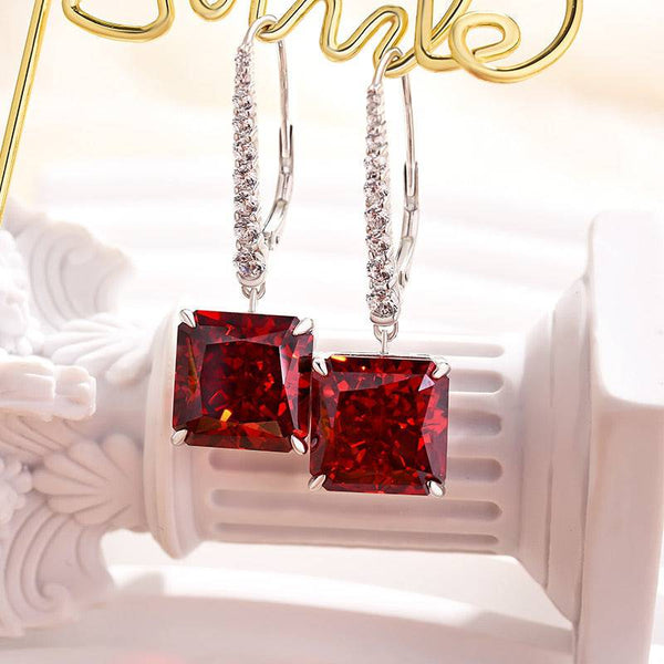 Louily Luxury Radiant Cut Ruby Women's Earrings In Sterling Silver