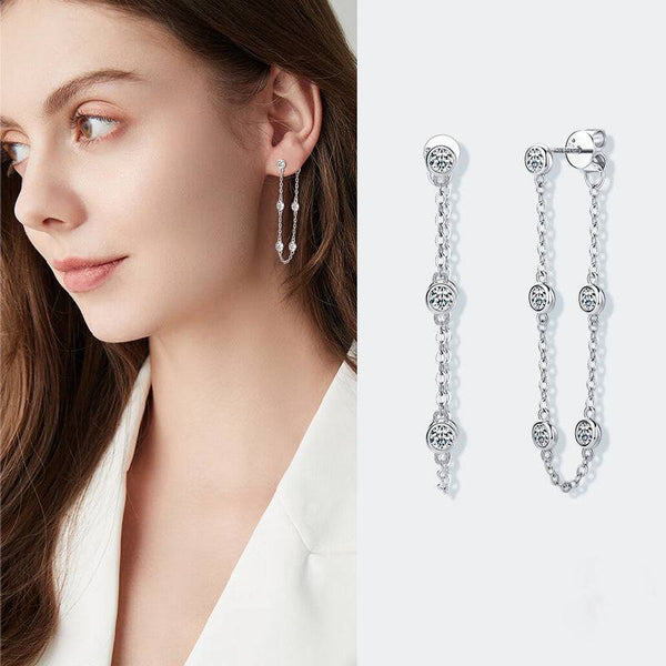 Louily Moissanite  Elegant Chain Tassel Stud Earrings