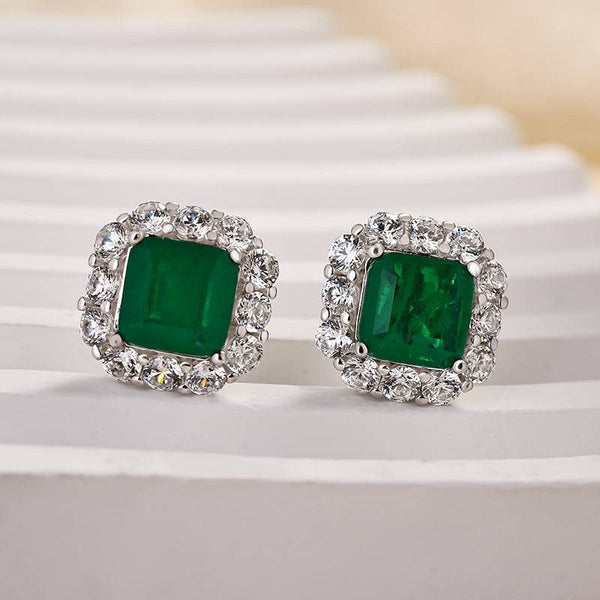 Louily Princess Cut Emerald Green Diamond Stud Earring In Sterling Silver