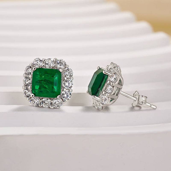 Louily Princess Cut Emerald Green Diamond Stud Earring In Sterling Silver