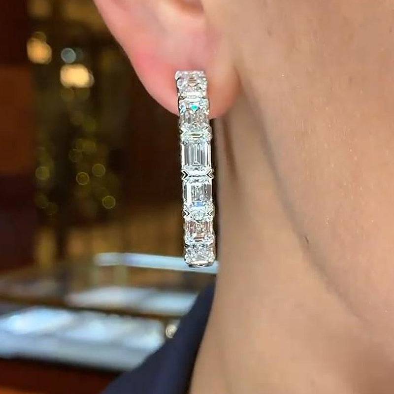 Louily Sparkle Emerald Cut Women's Hoop Earrings In Sterling Silver - louilyjewelry