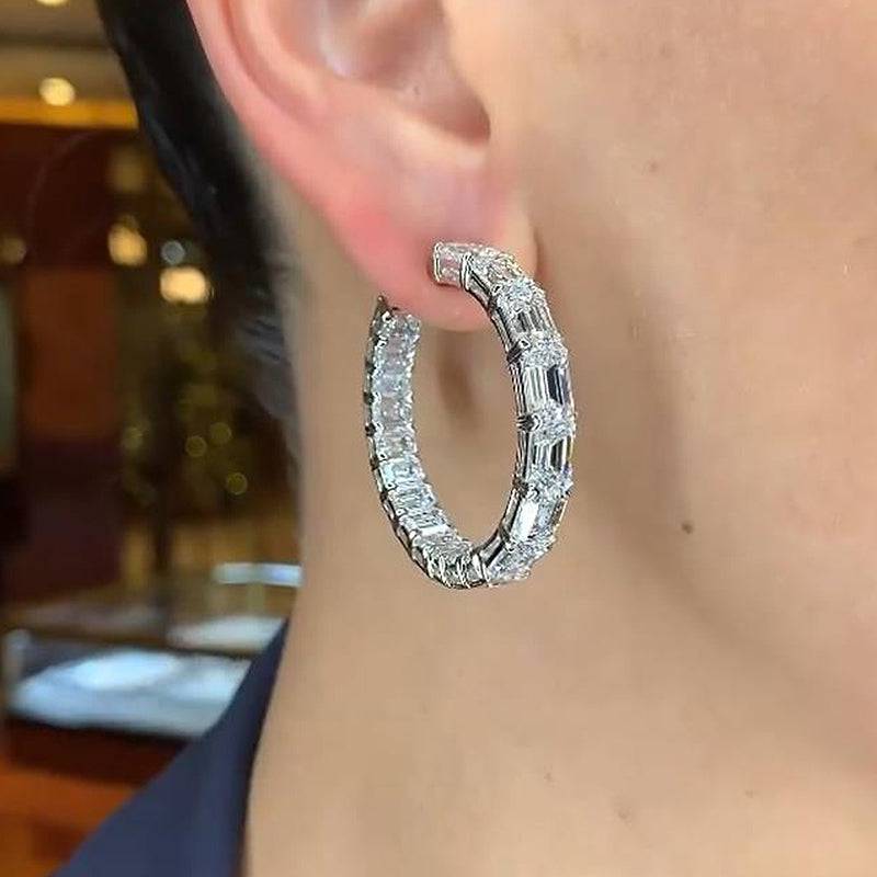 Louily Sparkle Emerald Cut Women's Hoop Earrings In Sterling Silver - louilyjewelry