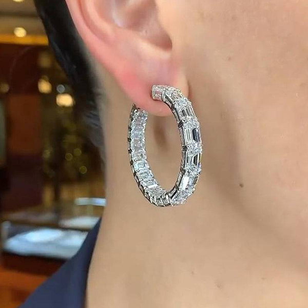 Louily Sparkle Emerald Cut Women's Hoop Earrings In Sterling Silver