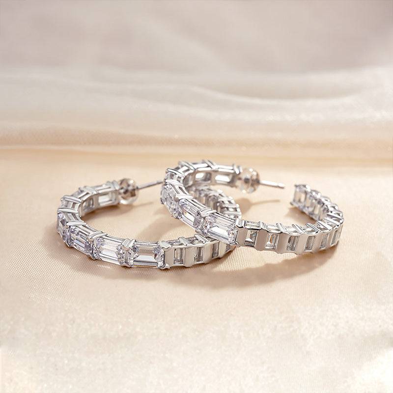 Louily Sparkle Emerald Cut Women's Hoop Earrings In Sterling Silver - louilyjewelry