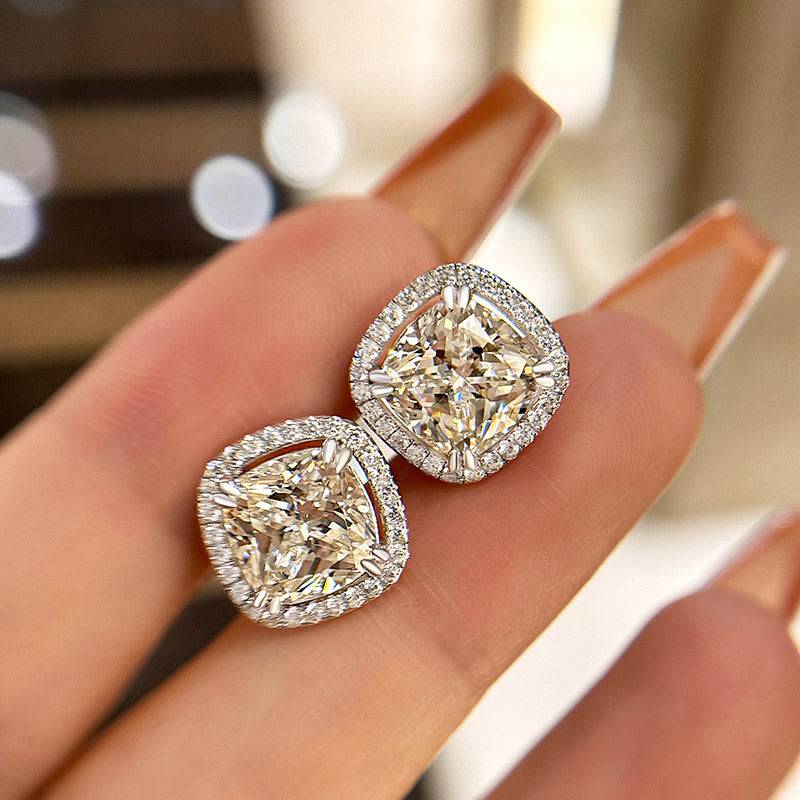 Louily Sparkle Halo Cushion Cut Women's Stud Earrings In Sterling Silver - louilyjewelry