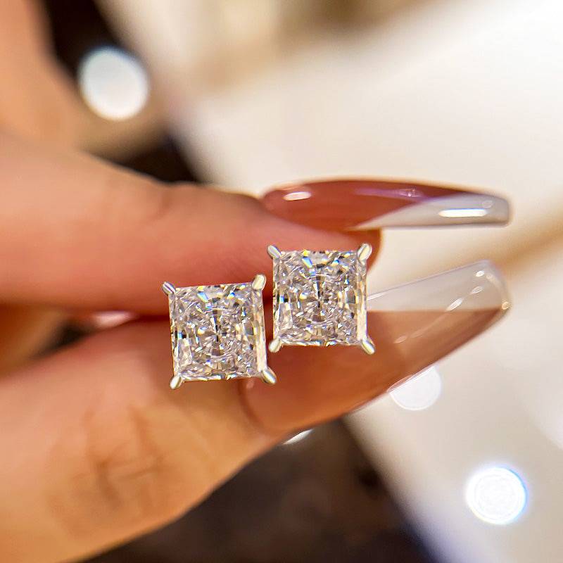 Louily Sterling Silver Classic Square Princess Cut Stud Earrings - louilyjewelry
