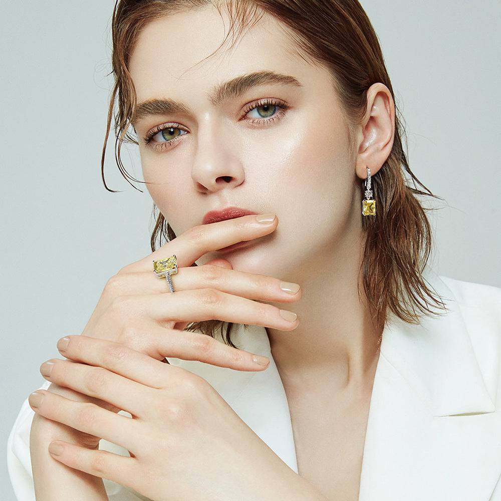 Louily Sterling Silver Luxury Radiant Cut Yellow Sapphire Drop Earrings - louilyjewelry