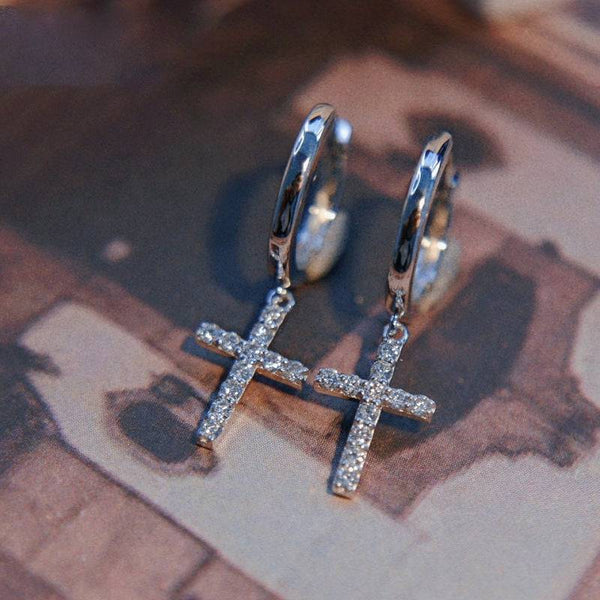 Louily Stunning Cross Round Cut Women's Earrings In Sterling Silver