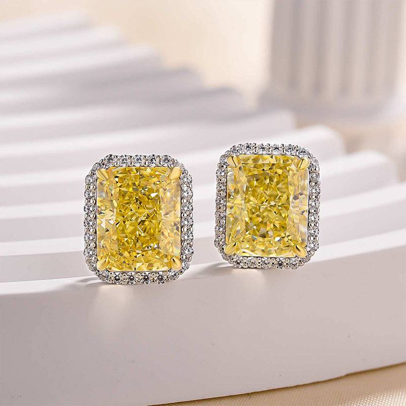 Louily Stunning Halo Cushion Cut Yellow Sapphire Women's Stud Earring In Sterling Silver - louilyjewelry