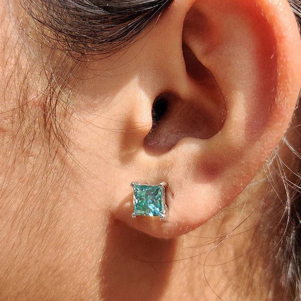 Louily Stunning Princess Cut Paraiba Tourmaline Stud Earrings In Sterling Silver