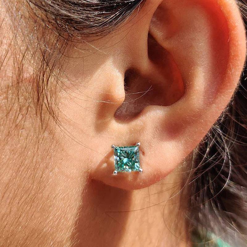 Louily Stunning Square Princess Cut Paraiba Tourmaline Stud Earrings In Sterling Silver - louilyjewelry