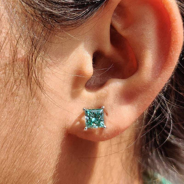 Louily Stunning Princess Cut Paraiba Tourmaline Stud Earrings In Sterling Silver